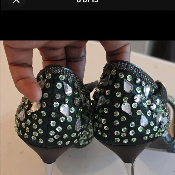 Marichi Mani Pump Heels Women 8.5 Green Metallic Rhinestone Stiletto New - Picture 8 of 15
